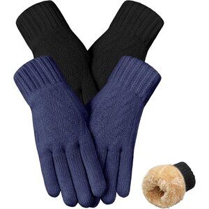 Women's Navy Black 2 Pairs Stretchy Knit Winter Warm Thick Fleece Wool Gloves